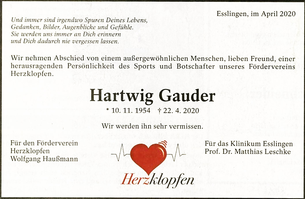 Nachruf für Hartwig Gauder - Botschafter des Fördervereins Herzklopfen e.V. Esslingen